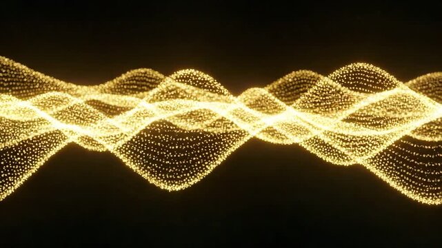 Abstract glowing golden waves made of small dots on a dark background