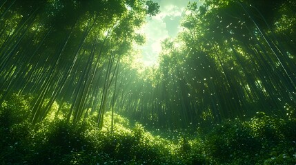 Sunlit bamboo forest path.