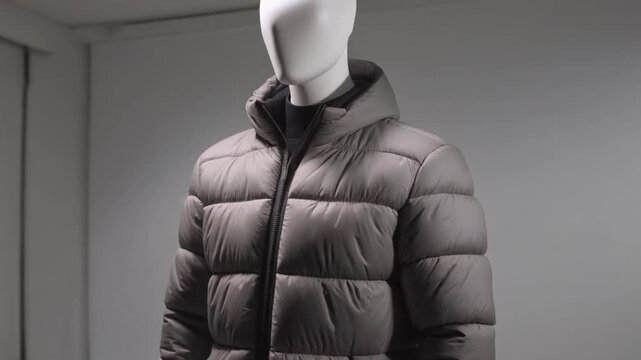 slow rotating showcase of a puffer jacket on a faceless mannequin