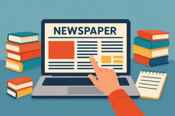 Digital hand interacting with an online newspaper website on a laptop, surrounded by books, symbolizing the evolution of news consumption and digital literacy.