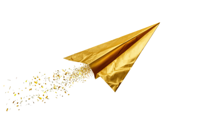 Shiny golden paper plane with metallic texture and sleek folded design isolated on white background