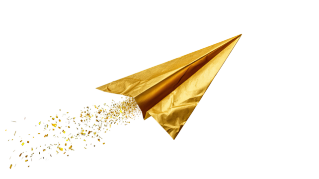 Shiny golden paper plane with metallic texture and sleek folded design isolated on white background