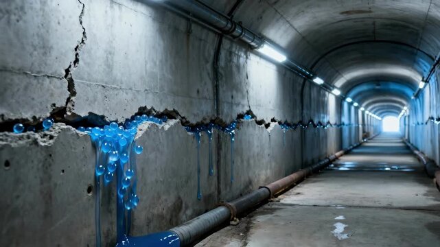 Medium shot of concrete sewer walls with visible microcapsules activating to repair cracks showcasing the innovative selfhealing process in urban infrastructure