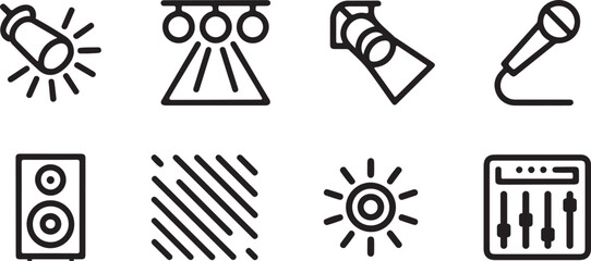 Stage and Music Equipment Icons Black Line Art Vector Illustration