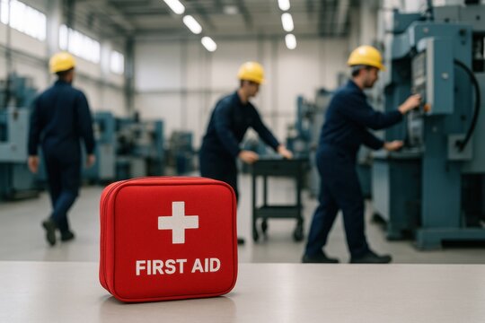 First aid kit prominently displayed in a busy industrial workshop with workers operating machinery. Emphasis on workplace safety, emergency preparedness, and health regulations.