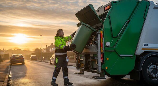 A garbage truck worker empties a trash bin in a urban area