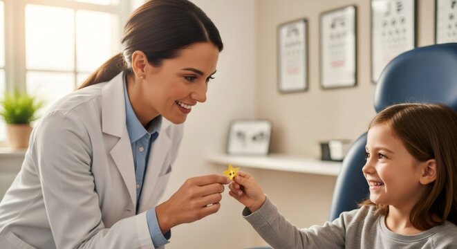 Woman ophthalmologist giving happy girl paper star during pediatric vision check. Friendly doctor with child patient in eye clinic office.