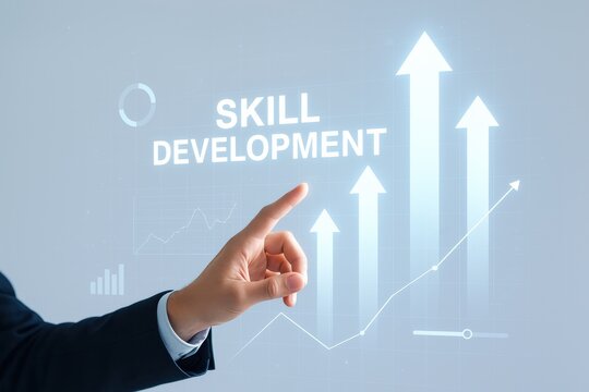 Business professional engaging with a futuristic interface displaying growth trends in skill development. Concept of professional growth, analytics, and digital learning.