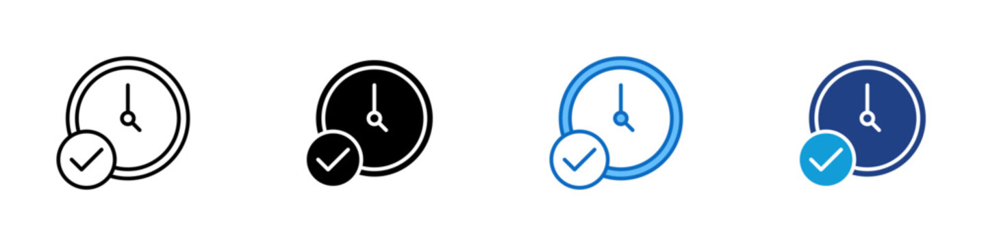 Time Management Multiple Style Icon Design Vector - clock with a check mark representing punctuality, scheduling, and effective time management