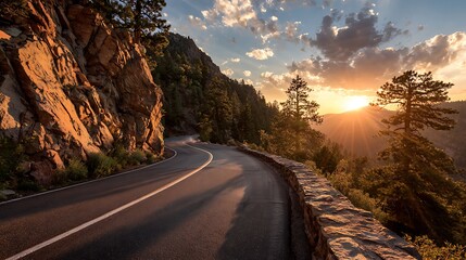 Mountain Road at Sunset Scenic Drive with Rock Wall, Trees, and Golden Hour Sunlight