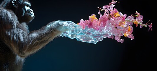 A big kingkong , a small creature made of glass that is sitting in the palm of your hand