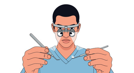 A male dentist wearing magnifying loupes and scrubs holds dental instruments, looking from the patient's point of view.