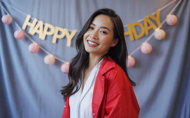 Joyful young woman celebrates birthday with radiant smile and stylish red jacket, creating a vibrant, happy, and festive atmosphere for any occasion