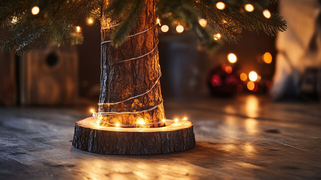 String of lights wraps around a Christmas tree trunk, holiday decor, wooden base