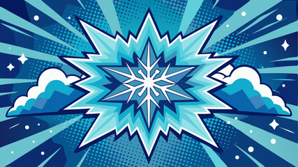 Dynamic winter pop art background featuring a comic-style explosion starburst with a snowflake at the center. Radial lines and halftone patterns create a cool, energetic theme for seasonal sales, game