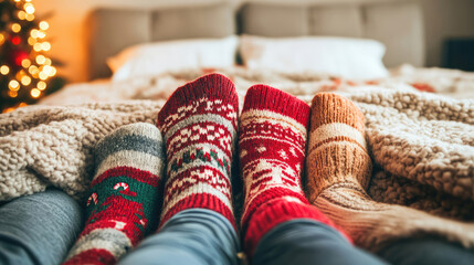 Christmas socks and family feet relaxing together under cozy blankets enjoying a warm morning in bed for holiday celebration