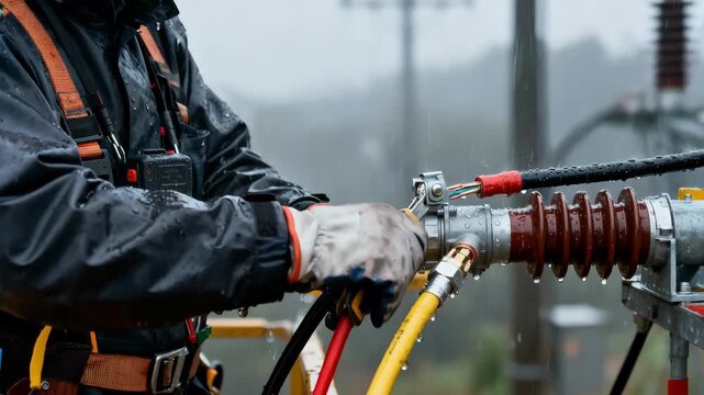 Medium shot of a professional performing cable jointing outdoors during rain using waterproof gear and equipment to ensure secure electrical connections.