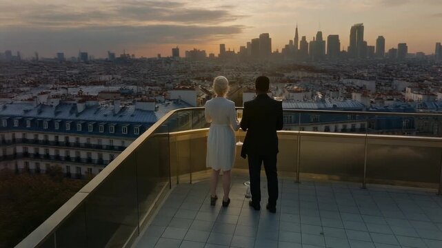 Aerial cinematic view of Paris skyline at evening golden hour, quiet luxury balcony with  silhouettes