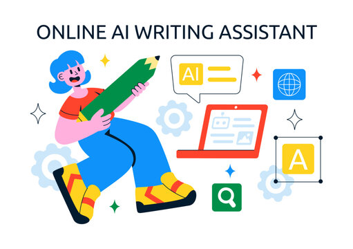 AI Writing Assistant Illustration with Artificial Intelligence Technology For Translation, Chatbot Interaction, Code Generation, And Article Writing