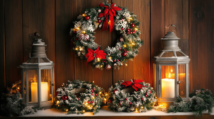 Christmas wreaths and lanterns