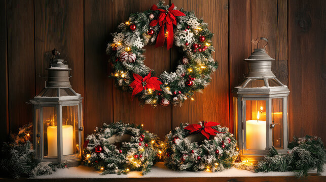 Christmas wreaths and lanterns - Powered by Adobe