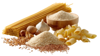 Pasta, grain, garlic, nut; still life on dark, high key lighting