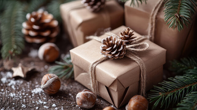 christmas gift boxes decoration natural decor new year party concept vintage pine cones nuts cajas de regalo navideñas decoración natural concepto para la fiesta año nuevo piñas vintage nueces hediye - Powered by Adobe