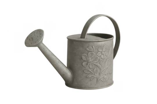Galvanized metal watering can with embossed floral pattern