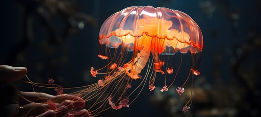A jellyfish , a small creature made of glass that is sitting in the palm of your hand,generative AI