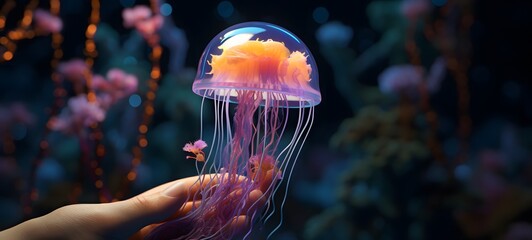 A jellyfish , a small creature made of glass that is sitting in the palm of your hand,generative AI