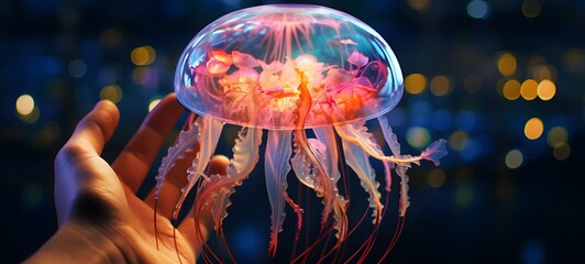 A jellyfish , a small creature made of glass that is sitting in the palm of your hand,generative AI