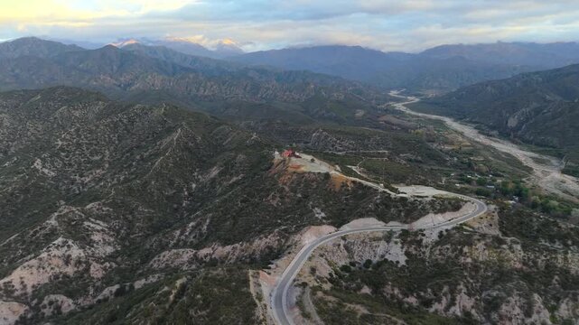Aerial view of Estaci&oacute;n 2 Cable Carril surrounded by mountains in Chilecito, La Rioja, Argentina.