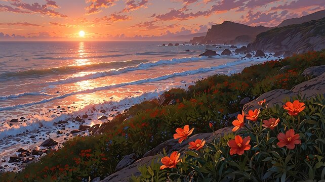 Vibrant anime landscape painting of a serene coastal sunset, golden ocean reflections, rocky cliffs, and blooming red flowers.