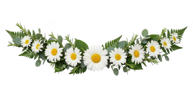 Delicate white daisy garland with greenery accents isolated on transparent background