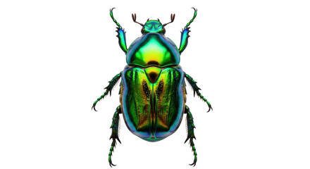 A stunning iridescent green beetle with intricate wing details isolated on transparent background
