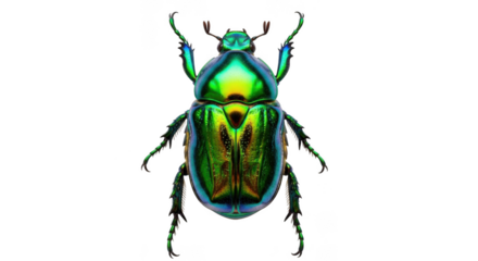 A stunning iridescent green beetle with intricate wing details isolated on transparent background