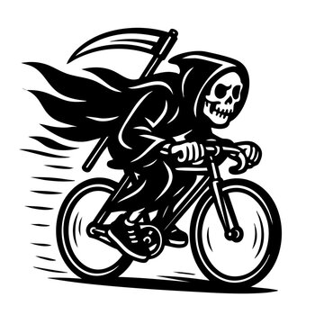 grim reaper riding a fixie bike at full speed, cloak flowing dramatically behind, scythe strapped to his back