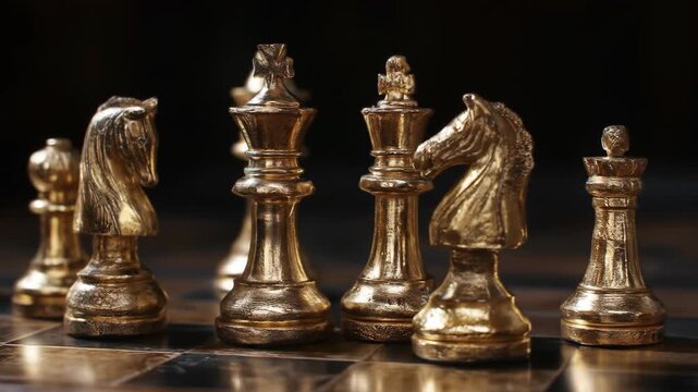 Shiny brass chess pieces stand in a row on a polished wooden board; warm light glints softly nearby