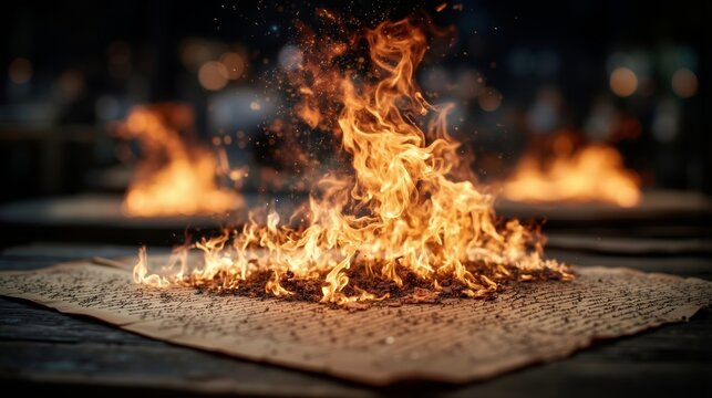 A burning piece of paper on a table with a fire in the background