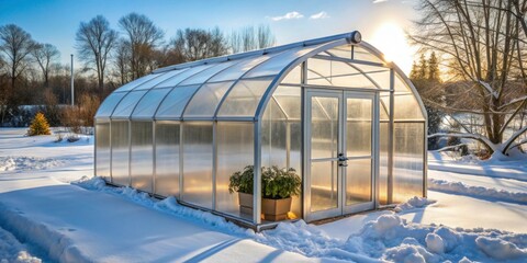 Glowing Greenhouse in Winter Landscape with Fresh Snow and Sunlight