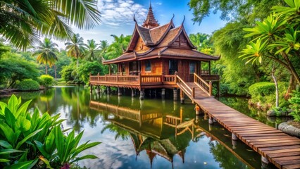 Naklejka premium Serene Wooden Pavilion Surrounded by Lush Greenery and Calm Water