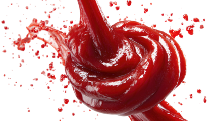 Tomato puree splashes into swirling globule, on black background