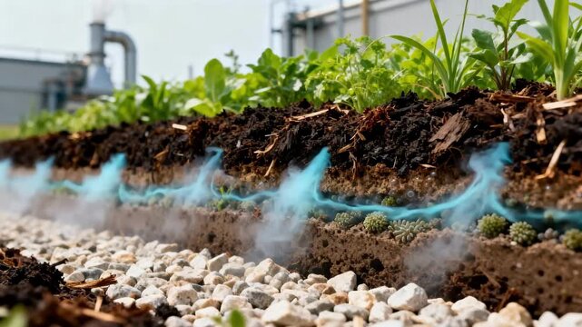 Medium shot of facility emissions passing through layered biofilter media emphasizing the environmentally friendly approach to air quality improvement.