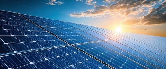 A solar panel array glistens under a vibrant sunset, showcasing renewable energy technology against a picturesque sky.