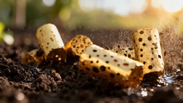 Medium shot of biochar particles closeup being spread over garden soil illustrating the use of enriched biochar to improve soil fertility and moisture retention.