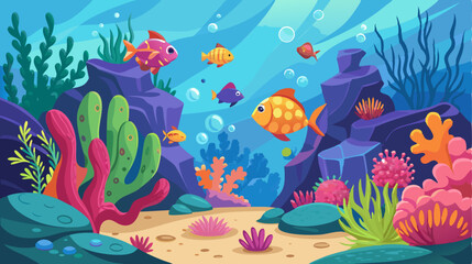 Vibrant, cartoon underwater background with colorful fish, coral, seaweed, and rocks on the seabed. Fun vector illustration for children's books, games, and ocean conservation themes.