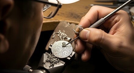 Close-up of a skilled artisan meticulously crafting intricate metal jewelry or ornament with specialized tools on a workbench.