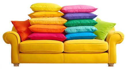Bright yellow couch stacked with colorful decorative pillows creates a cozy look.