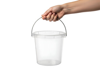 Hand holding empty plastic bucket isolated on transparent background 