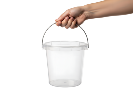 Hand holding empty plastic bucket isolated on transparent background 